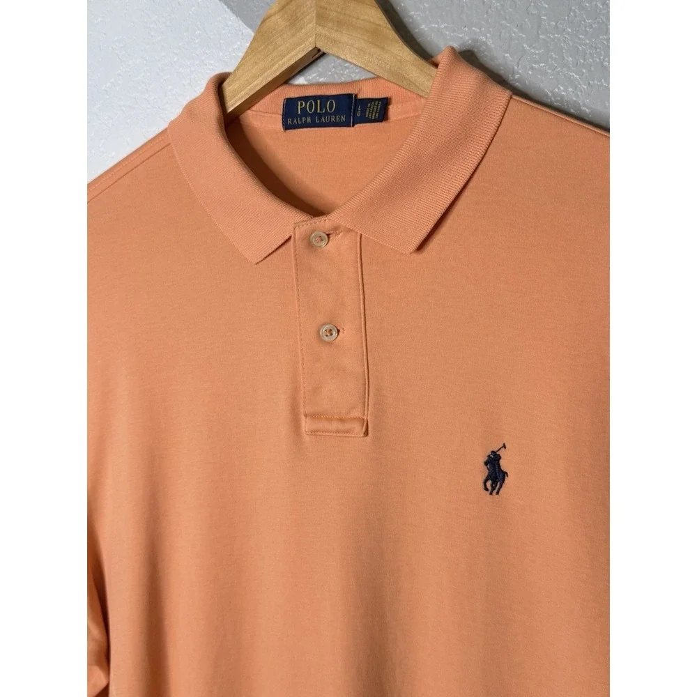 Polo Ralph Lauren Mens Large Polo Shirt Peach Orange Cotton Mesh Pony Logo Golf